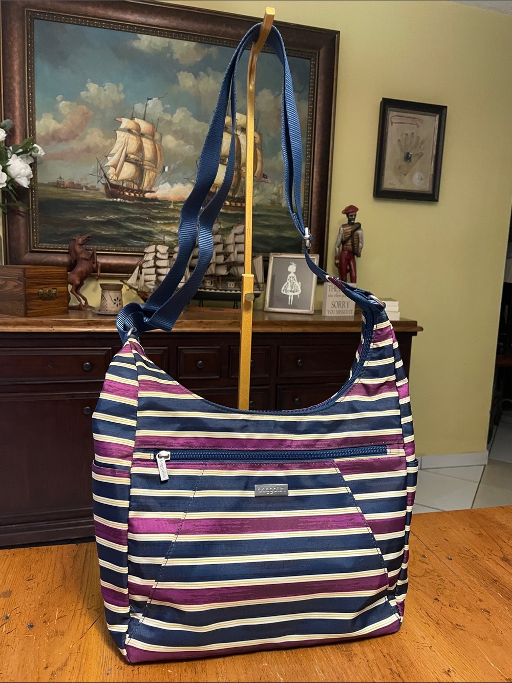Baggallini Navy Blue, Purple & Cream Striped Shoulder/Crossbody Bag
